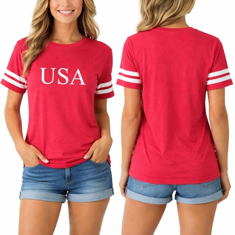 L.A.T Apparel Women USA Graphic T-Shirt Red Athletic Stripe Sleeve Varsity Tee L